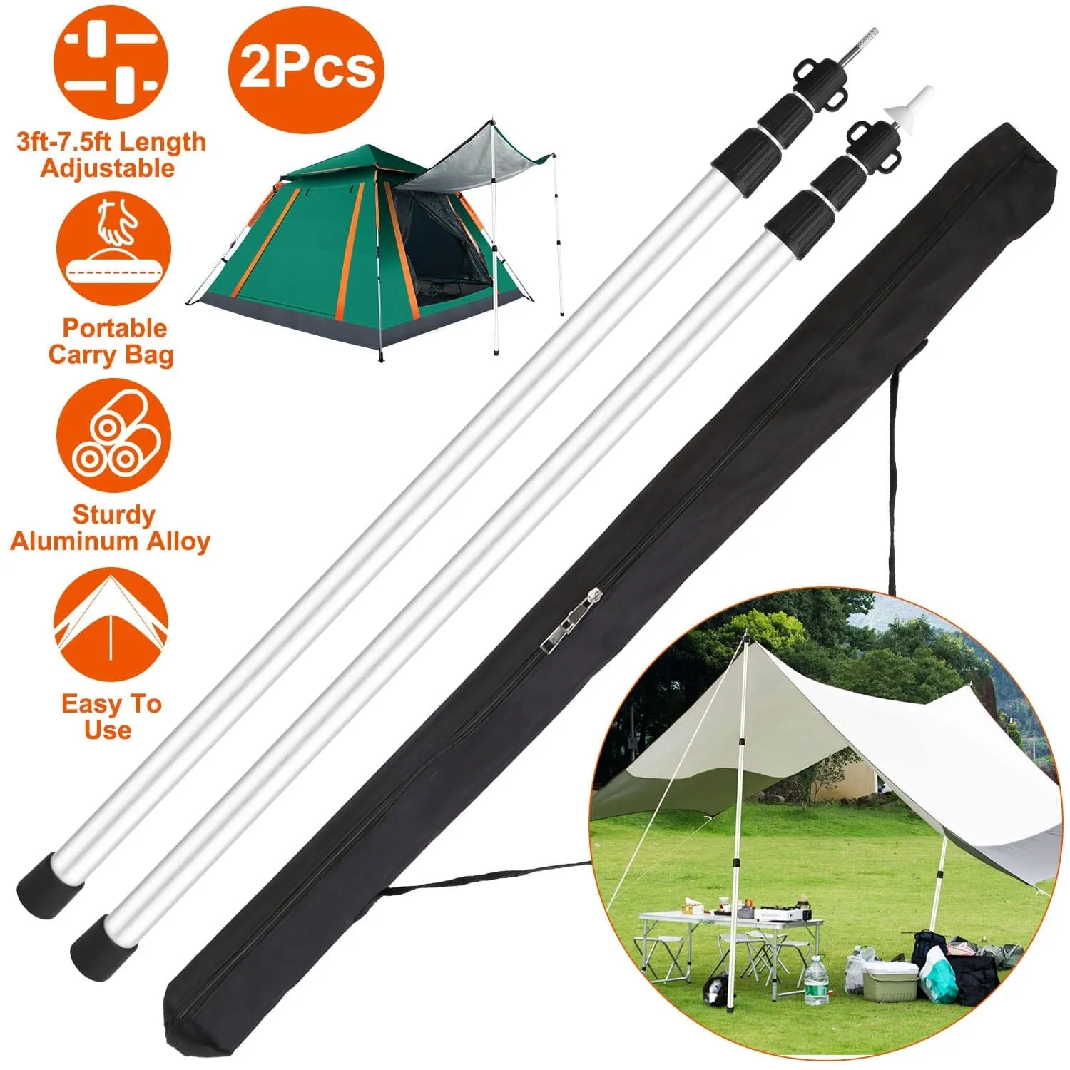 2-Piece: Telescoping Tarp Poles Portable Aluminum Awning Poles