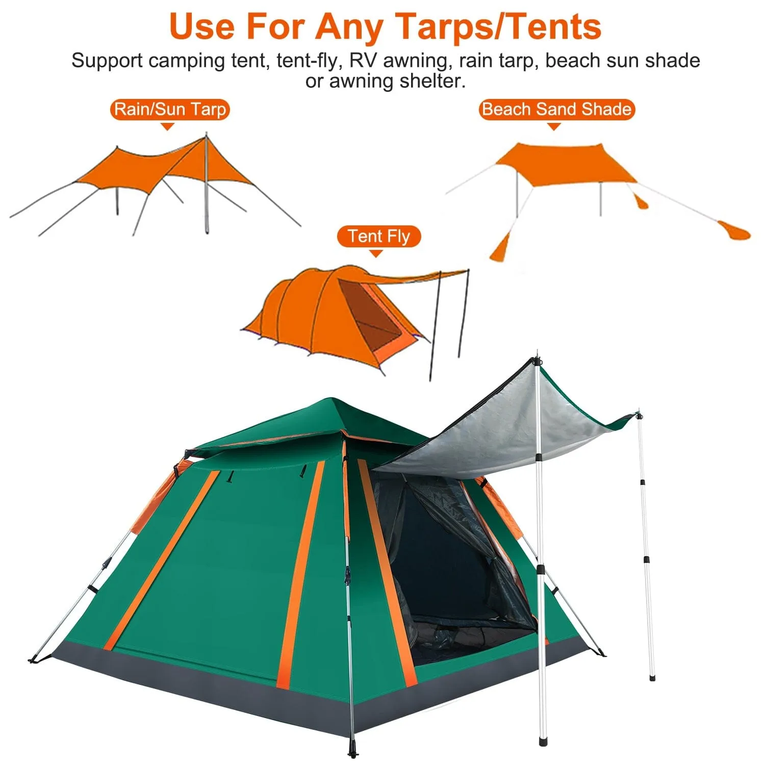 2-Piece: Telescoping Tarp Poles Portable Aluminum Awning Poles