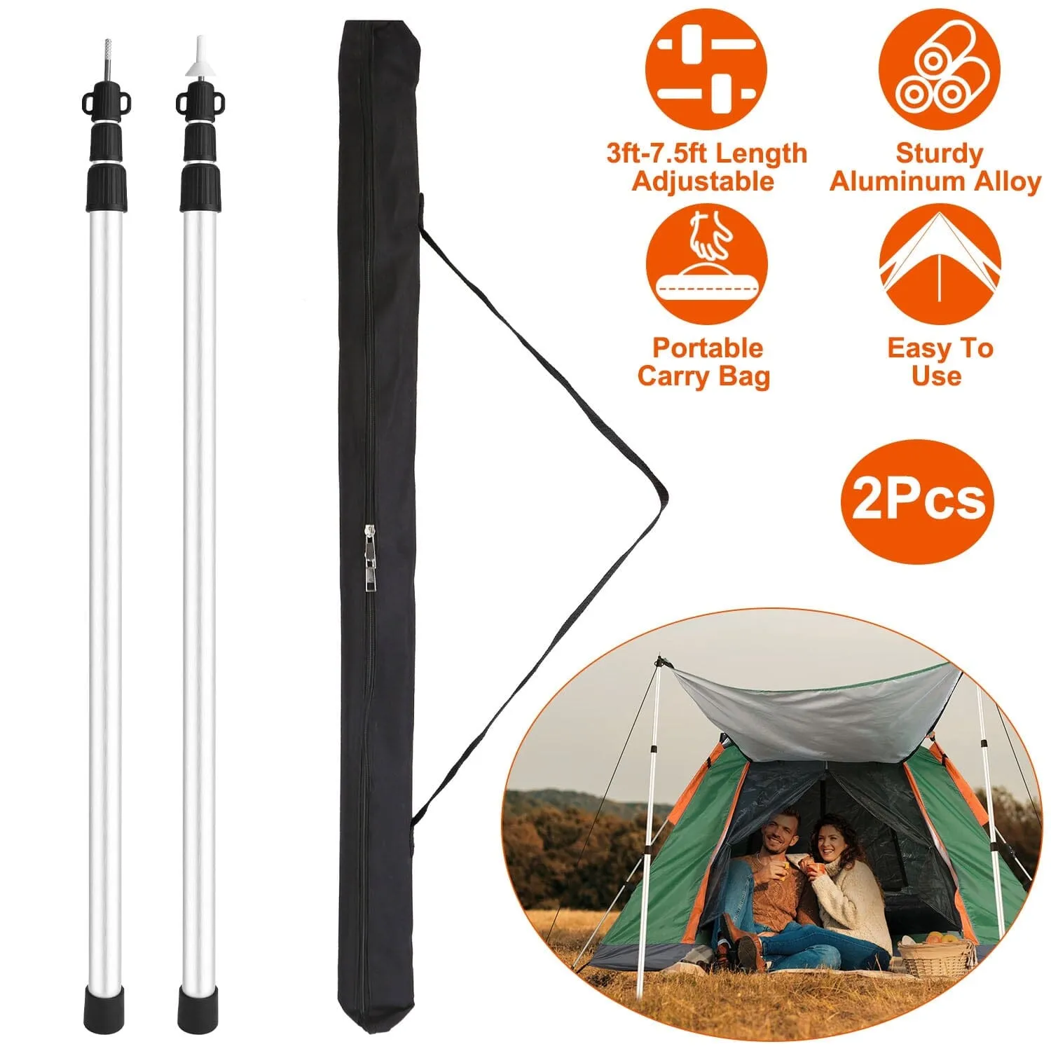 2-Piece: Telescoping Tarp Poles Portable Aluminum Awning Poles