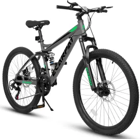 24/26/27.5 Inch Mountain Bike, Dual Full Suspension 21 Speed Womens Mens Mountain Bikes, Commuter Bike with Carbon Steel Frame and Dual Disc Brakes
