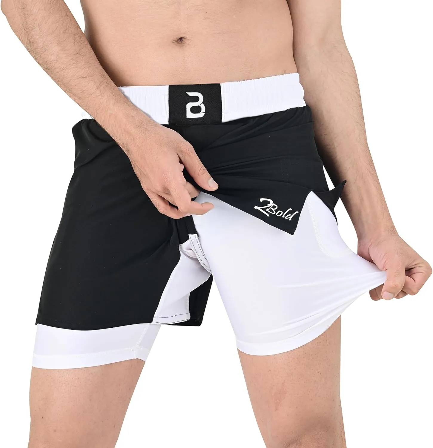 2BOLD MMA Shorts Mens 2 in 1 Jiu-Jitsu Built in Compression Lining Athletic Gym Boxing Muay Thai BJJ No-Gi Grappling Shorts