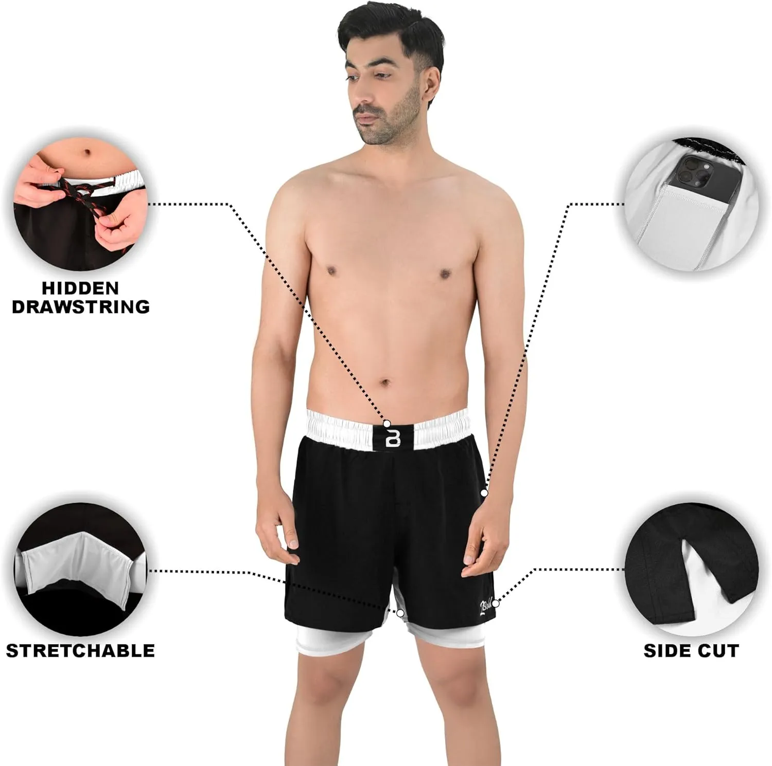 2BOLD MMA Shorts Mens 2 in 1 Jiu-Jitsu Built in Compression Lining Athletic Gym Boxing Muay Thai BJJ No-Gi Grappling Shorts