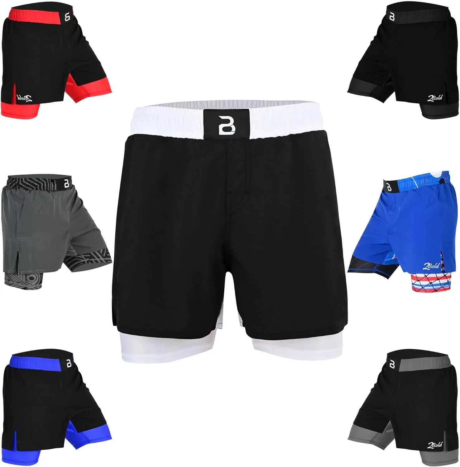 2BOLD MMA Shorts Mens 2 in 1 Jiu-Jitsu Built in Compression Lining Athletic Gym Boxing Muay Thai BJJ No-Gi Grappling Shorts