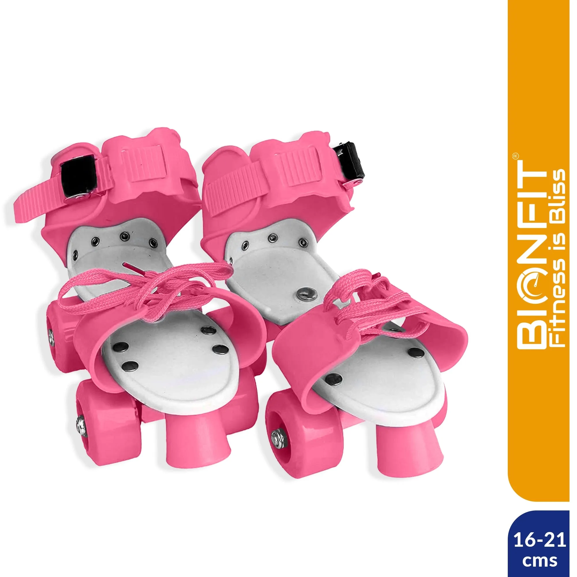 Adjustable Kids Skates | BIONFIT Quad Roller Skates for 3-7 Year Olds - Size 7-13 UK (Pink, Grey)