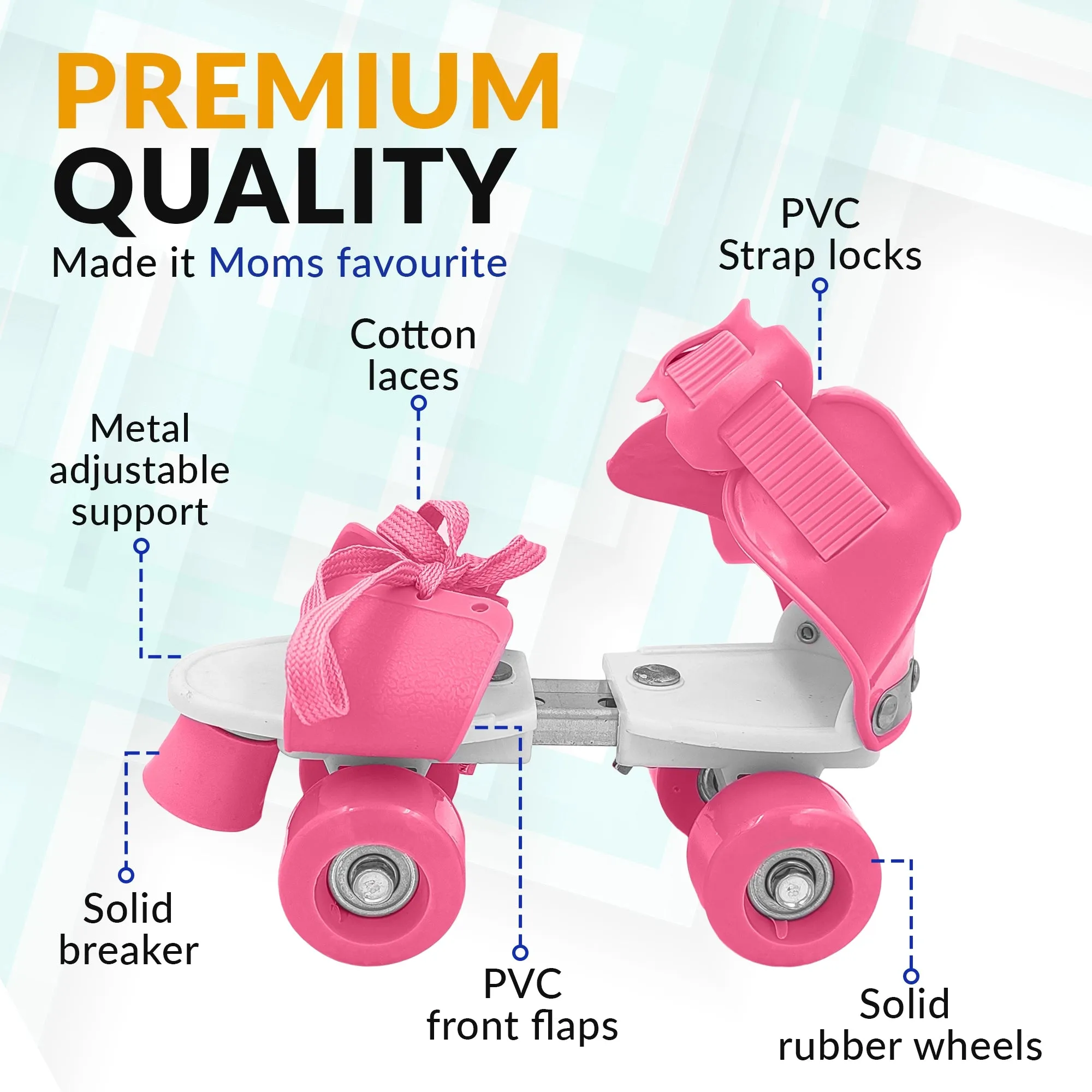 Adjustable Kids Skates | BIONFIT Quad Roller Skates for 3-7 Year Olds - Size 7-13 UK (Pink, Grey)