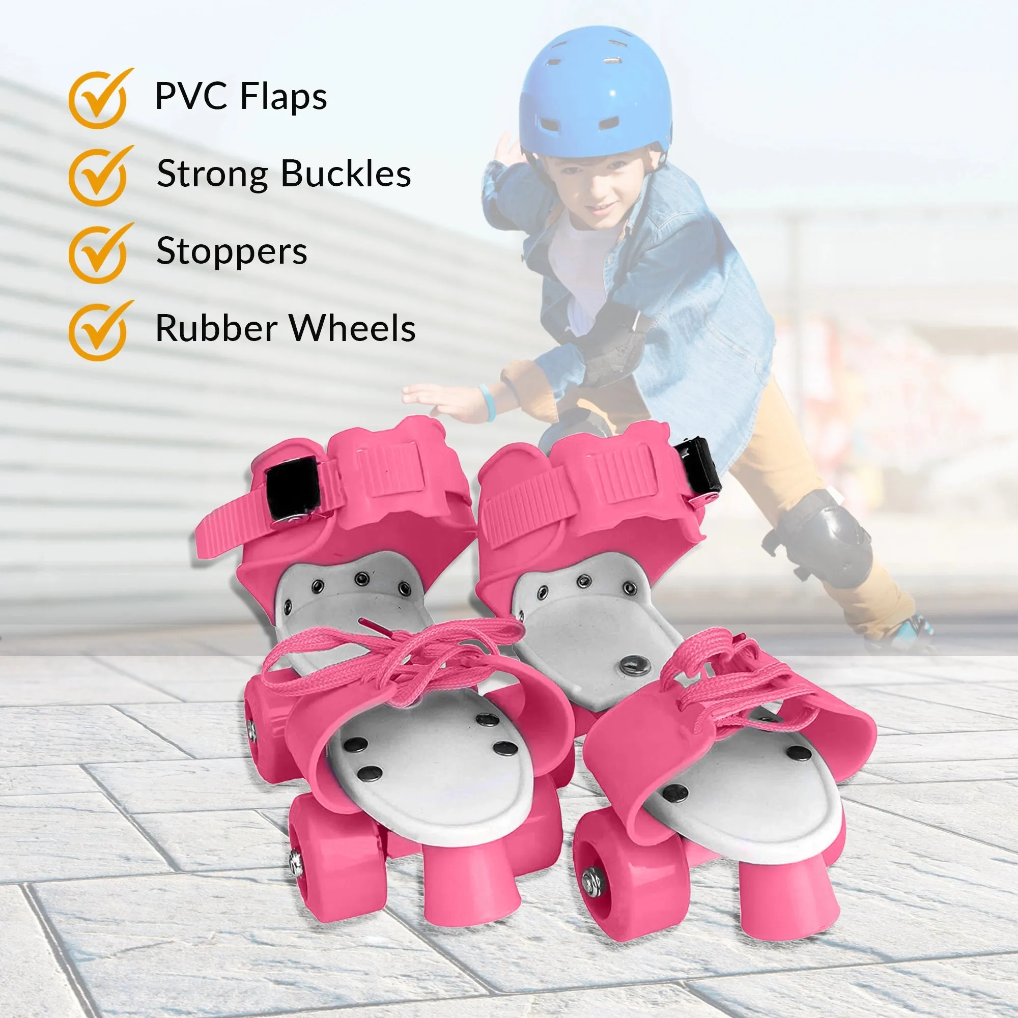 Adjustable Kids Skates | BIONFIT Quad Roller Skates for 3-7 Year Olds - Size 7-13 UK (Pink, Grey)
