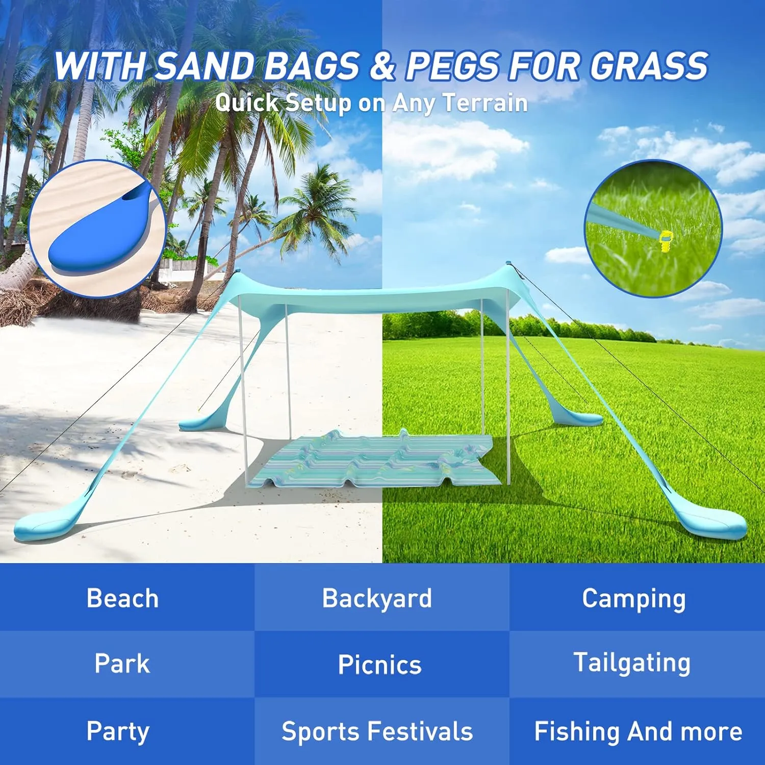 Beach Tent Pop Up Shade Canopy Sun Shelter UPF50  with 4 Stability Poles/Carry Bag/Ground Pegs/Sand Shovel/Windproof Ropes Portable Outdoor Family Sunshade for Beach Camping(Navy Blue,1010FT)