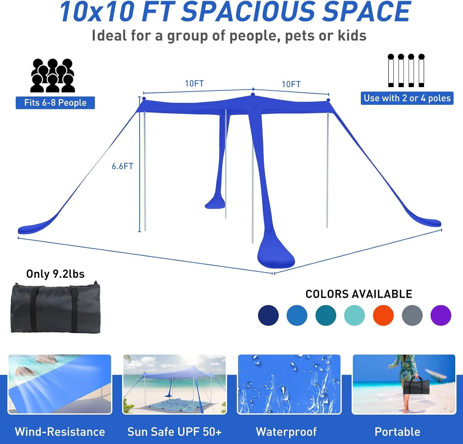 Beach Tent Pop Up Shade Canopy Sun Shelter UPF50  with 4 Stability Poles/Carry Bag/Ground Pegs/Sand Shovel/Windproof Ropes Portable Outdoor Family Sunshade for Beach Camping(Navy Blue,1010FT)
