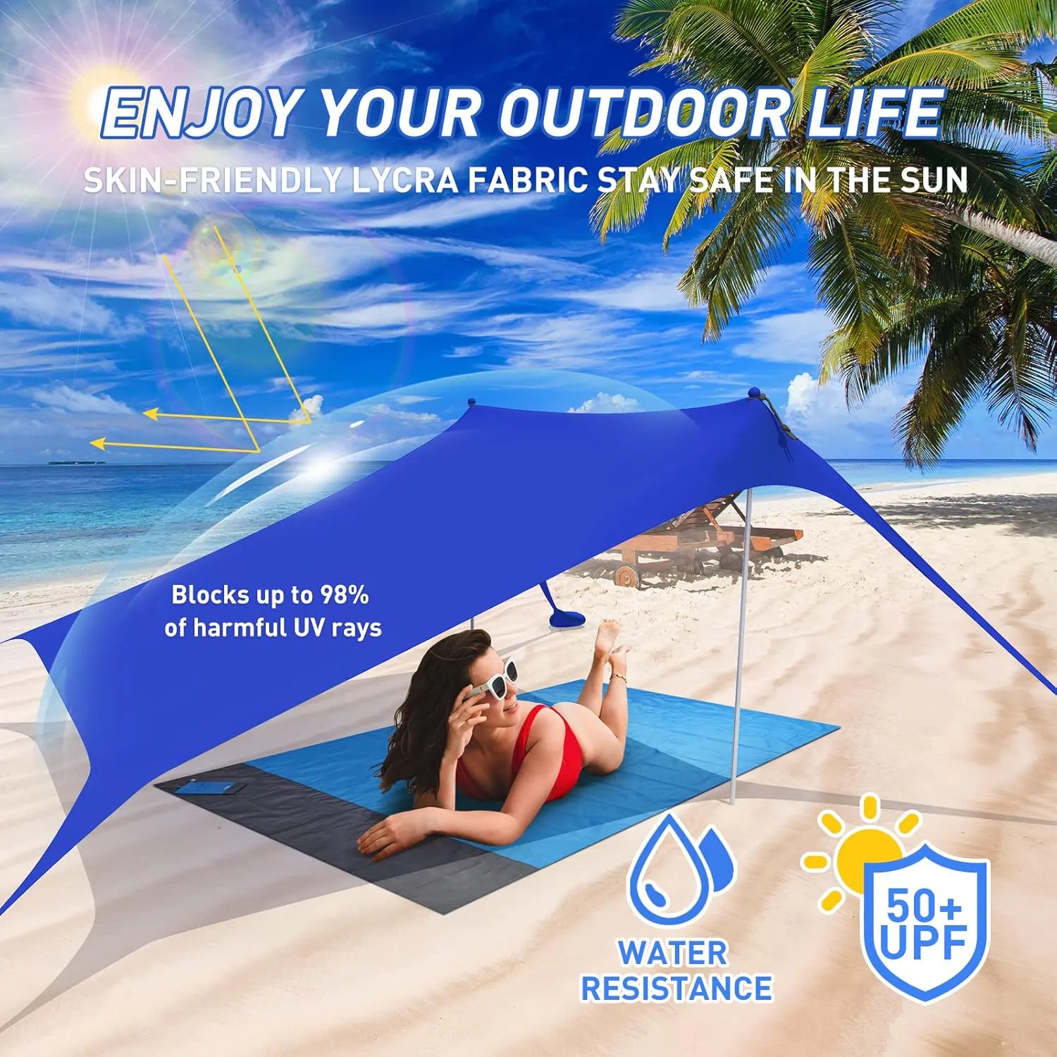 Beach Tent Pop Up Shade Canopy Sun Shelter UPF50  with 4 Stability Poles/Carry Bag/Ground Pegs/Sand Shovel/Windproof Ropes Portable Outdoor Family Sunshade for Beach Camping(Navy Blue,1010FT)
