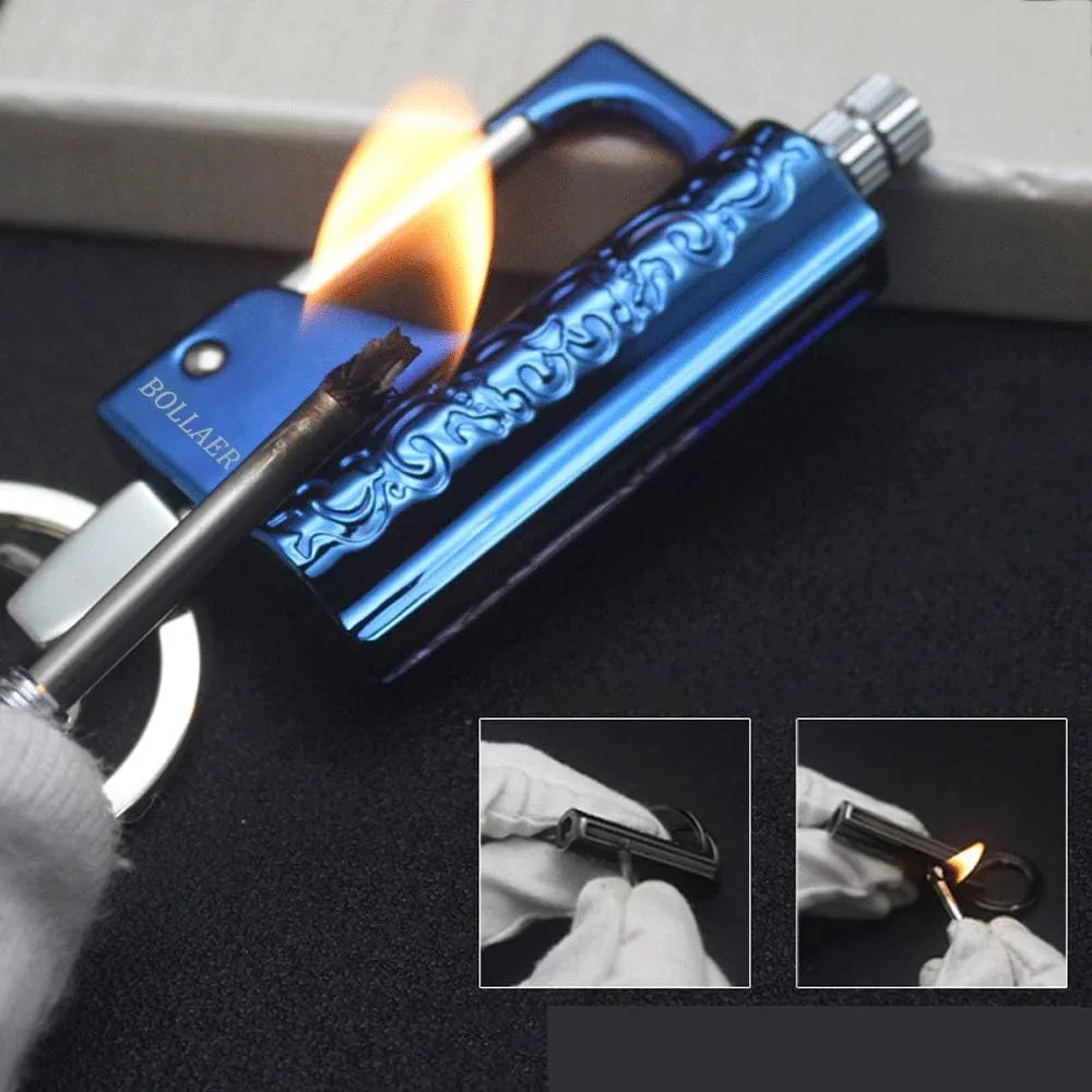 BOLLAER Outdoor Emergency Fire Starter Flint Match Lighter Keychain, Flint Metal Matchstick Fire Starter with Keychain for Camping Hiking Best Gift (Blue)