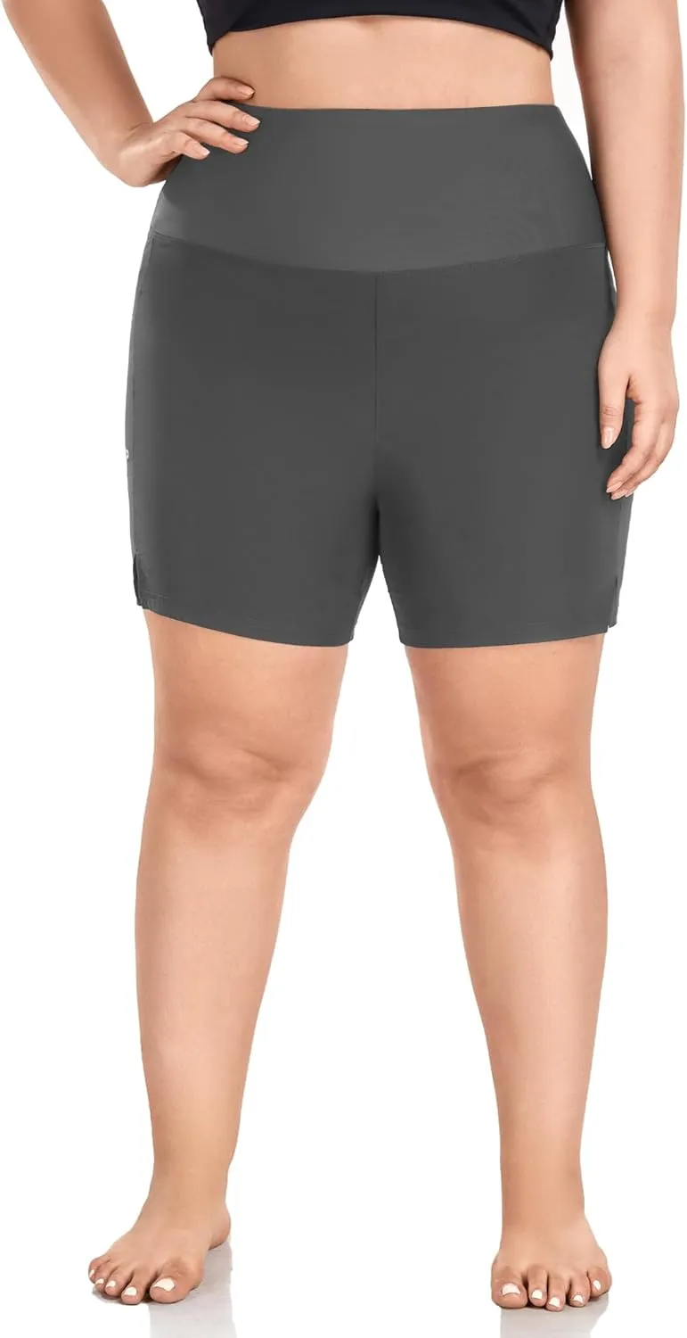 COOTRY Womens 5'' Plus Size Swim Board Shorts High Waisted Quick Dry Beach Shorts Swimsuit Bottoms with Pockets
