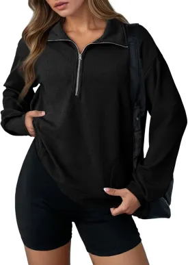 Dokotoo Womens Sweatshirt Waffle Knit Long Sleeve Lapel Half Zip Casual Sweatshits Loose Pullover Tops