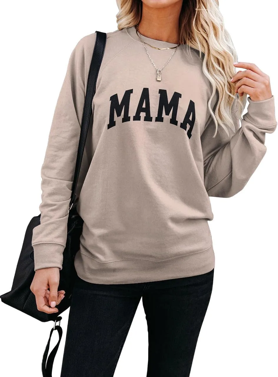 Dressmine Womens Casual Long Sleeve Mama Sweatshirts Knit Loose Graphic Crewneck Pullover Mom Shirt Tops