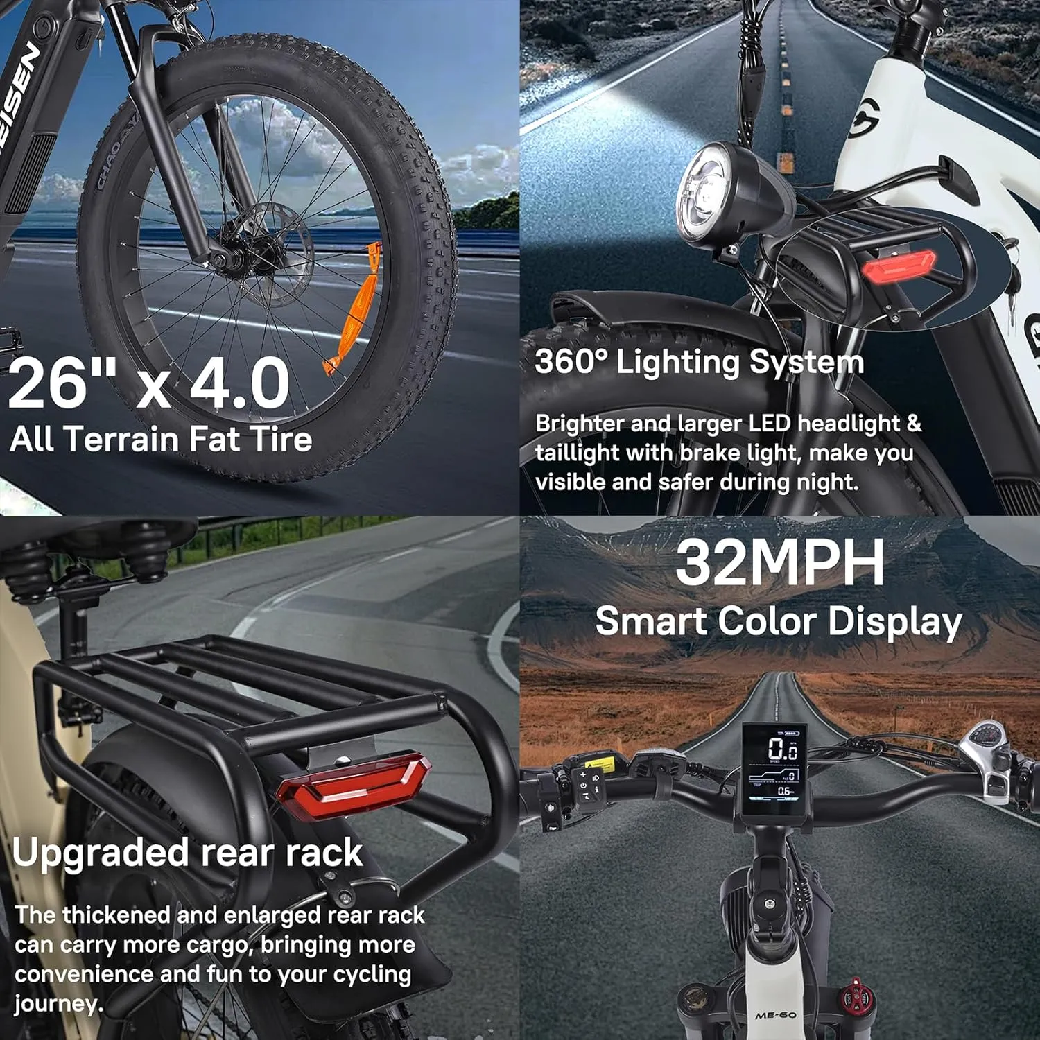 Electric Bike for Adults, 26" x 4.0 Fat Tire Electric Bicycles with 48V & 16AH Removable Battery, 1450W Peak Powerful Motor Ebike, 32MPH Max Speed Electric Mountain Bike with 7-Speed Gears