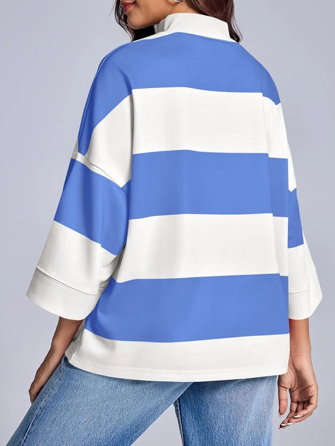 Fisoew Women's Color Block Oversized Sweatshirts Half Zip Striped 3/4 Sleeve Casual Pullover Tops