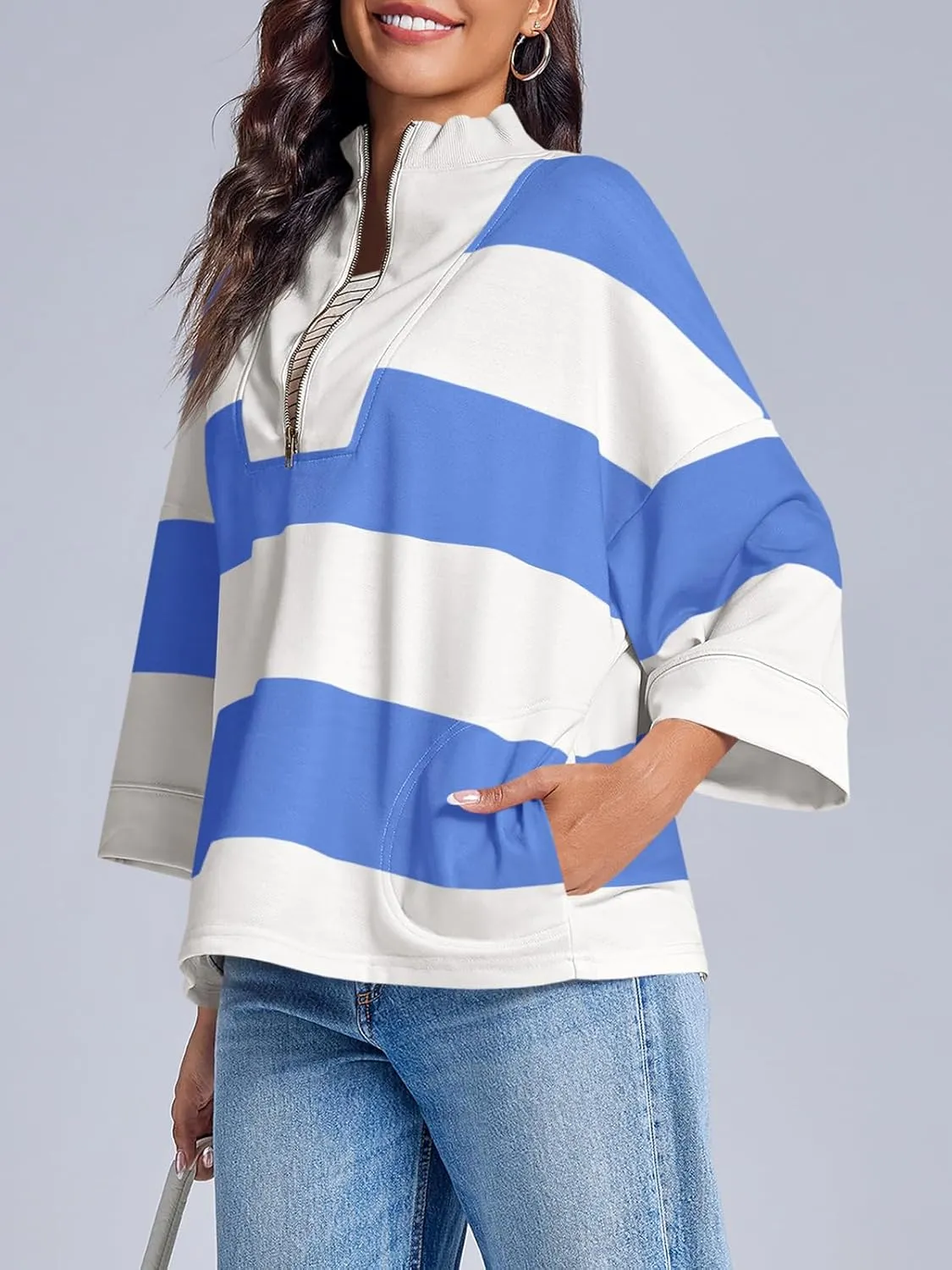 Fisoew Women's Color Block Oversized Sweatshirts Half Zip Striped 3/4 Sleeve Casual Pullover Tops