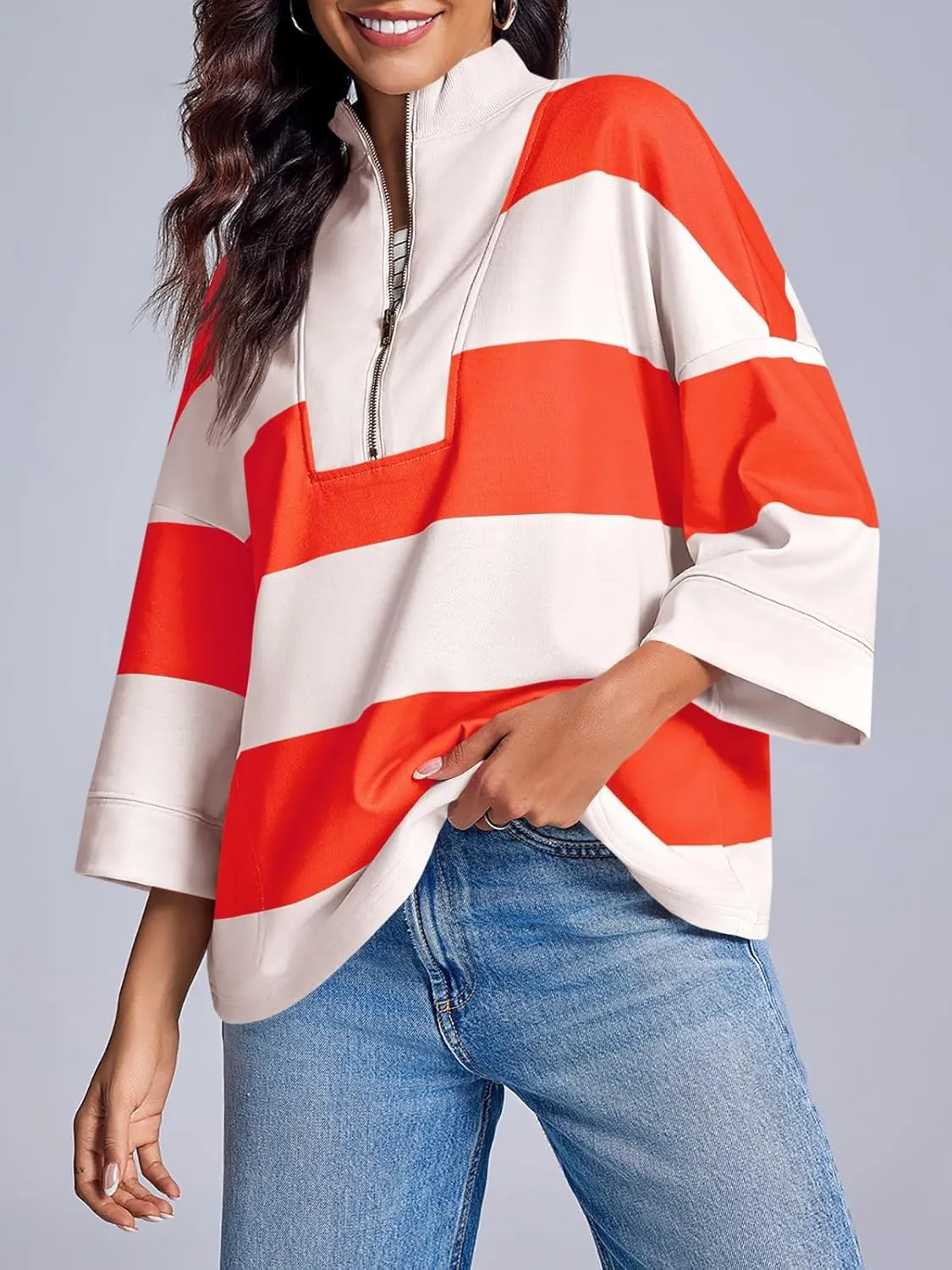 Fisoew Women's Color Block Oversized Sweatshirts Half Zip Striped 3/4 Sleeve Casual Pullover Tops