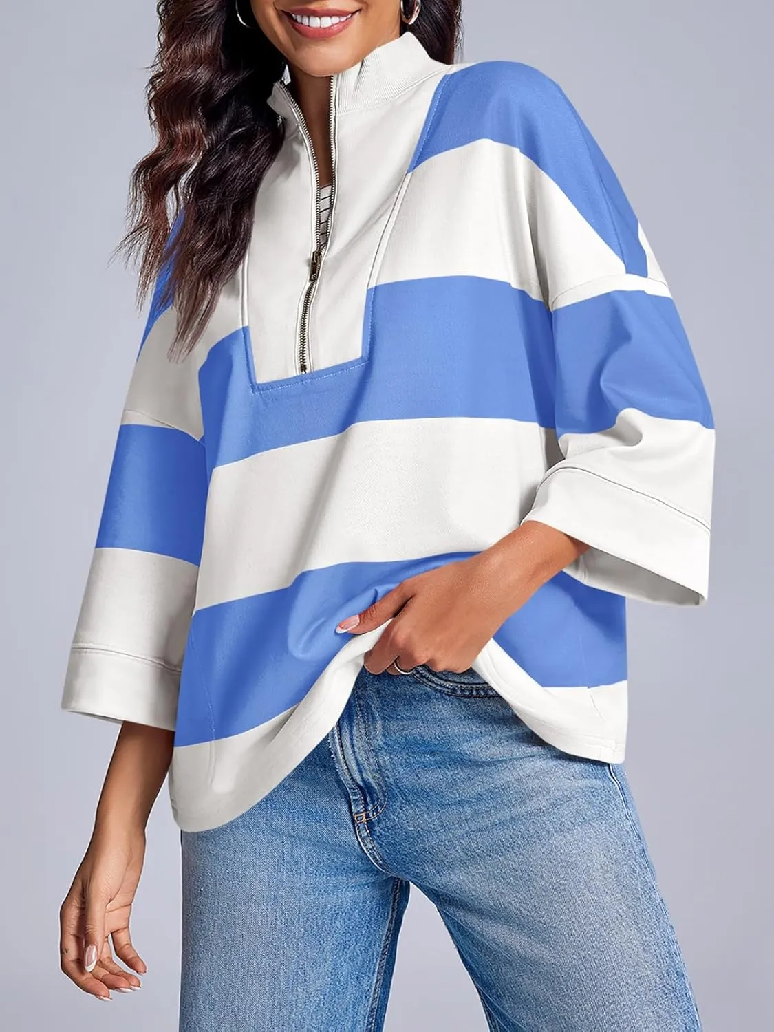Fisoew Women's Color Block Oversized Sweatshirts Half Zip Striped 3/4 Sleeve Casual Pullover Tops