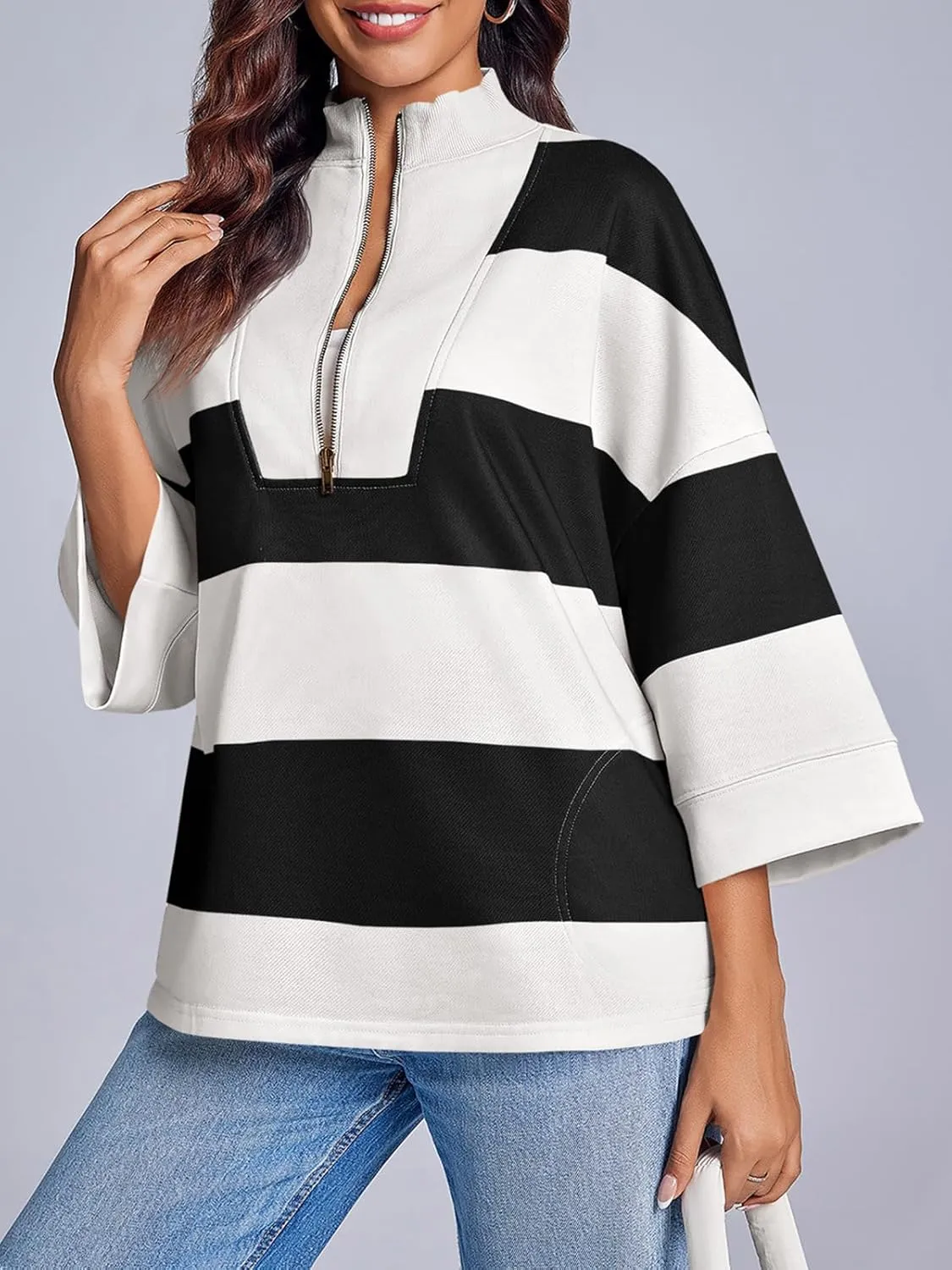 Fisoew Women's Color Block Oversized Sweatshirts Half Zip Striped 3/4 Sleeve Casual Pullover Tops
