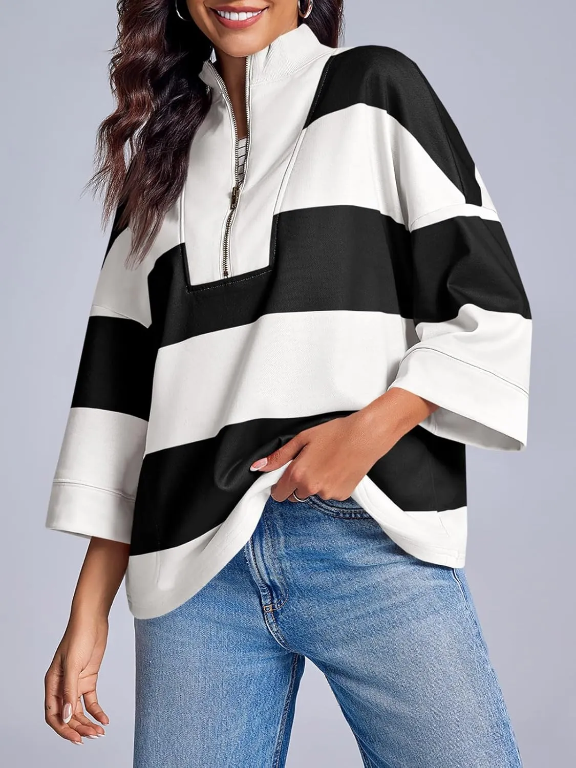 Fisoew Women's Color Block Oversized Sweatshirts Half Zip Striped 3/4 Sleeve Casual Pullover Tops