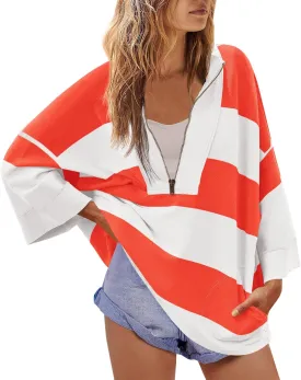 Fisoew Women's Color Block Oversized Sweatshirts Half Zip Striped 3/4 Sleeve Casual Pullover Tops