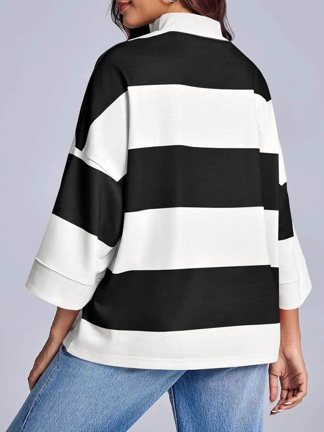 Fisoew Women's Color Block Oversized Sweatshirts Half Zip Striped 3/4 Sleeve Casual Pullover Tops
