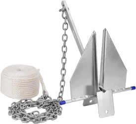 Heavy Duty Boat Anchor Kit, Fluke Style with Chain and Rope Set, Compatible with Pontoon, Deck, Fishing, and Sailboats, Galvanized Steel