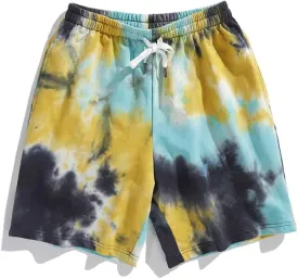 Mens Casual Drawstring Tie Dye Summer Shorts Workout Sweat Running Beach Shorts for Men
