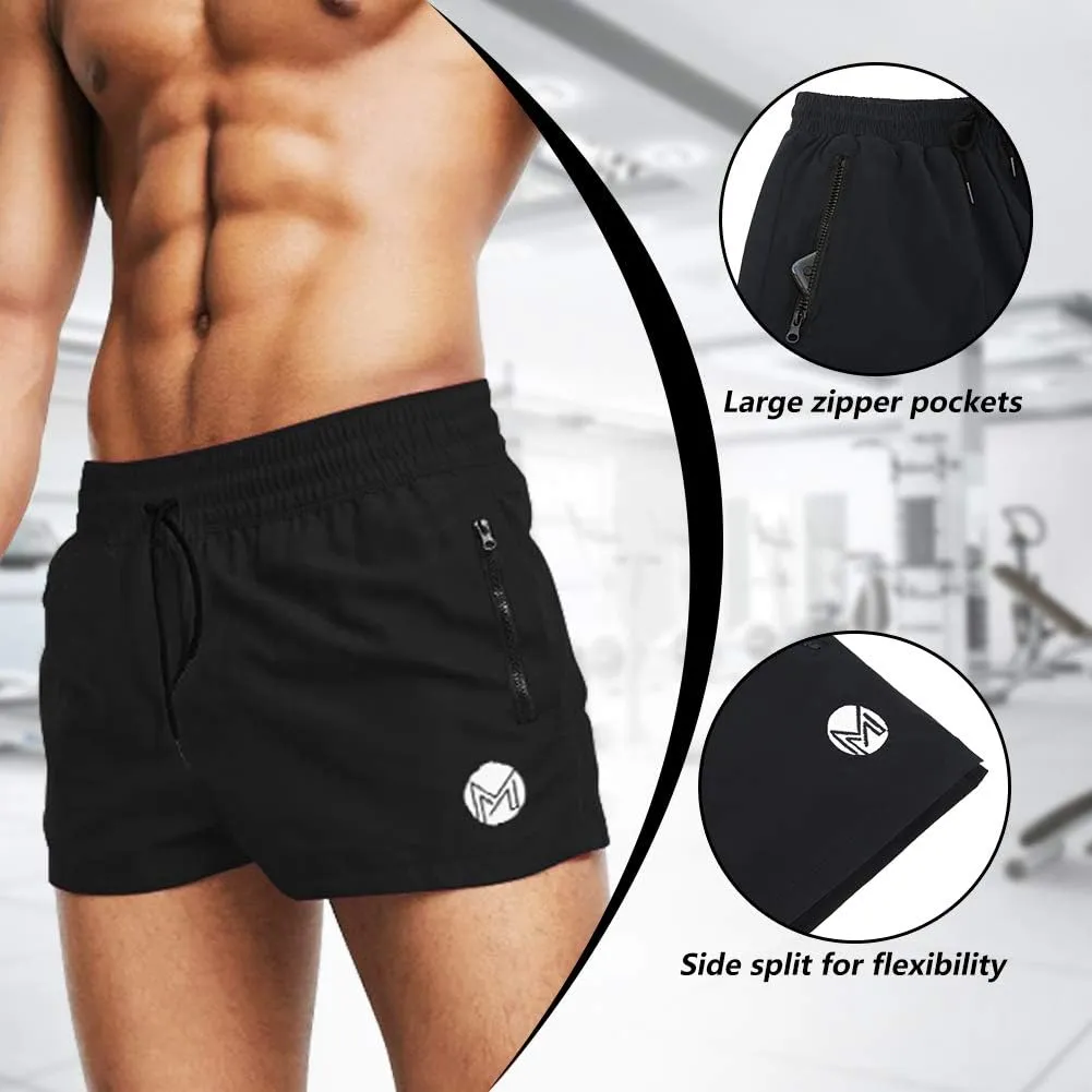 Men's Gym Workout Shorts, 3" Bodybuilding Running Shorts, 3 inch Athletic Gym Shorts with Zipper Pockets