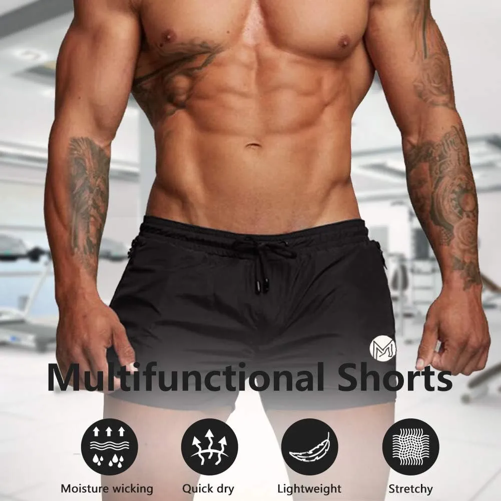 Men's Gym Workout Shorts, 3" Bodybuilding Running Shorts, 3 inch Athletic Gym Shorts with Zipper Pockets