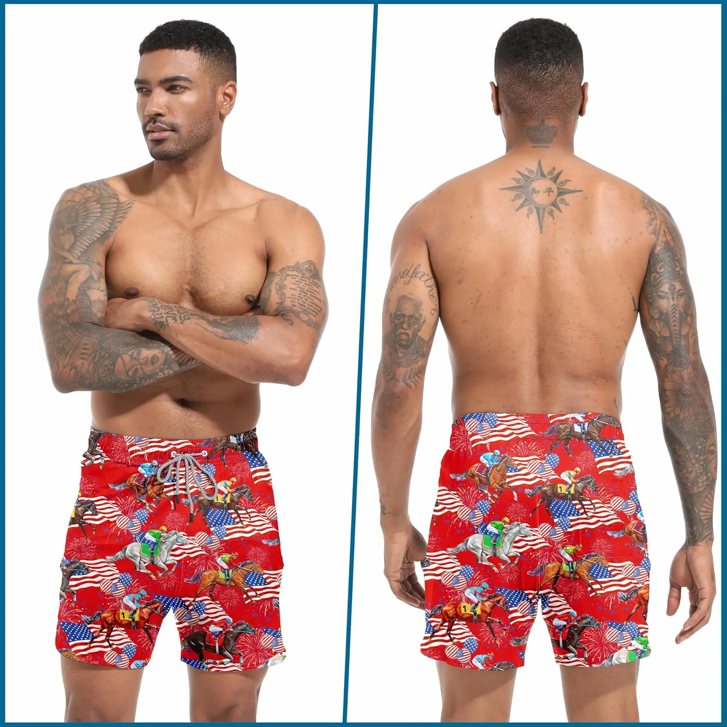 Mens Swim Trunks with Compression Liner 5.5" Board Shorts with Zipper Pockets 2 in 1 Quick Dry Bathing Suits