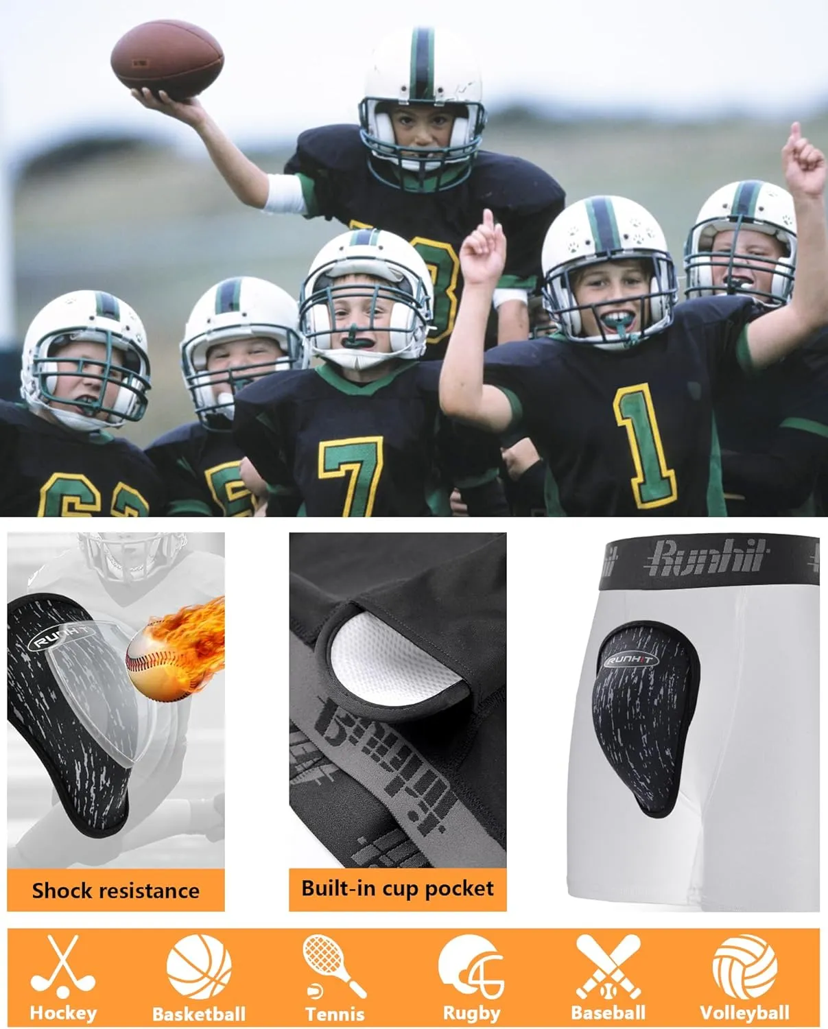 Runhit Boys Cup Underwear for Baseball Football, Youth Compression Shorts with Soft Protective Athletic Cup Boxer Brief