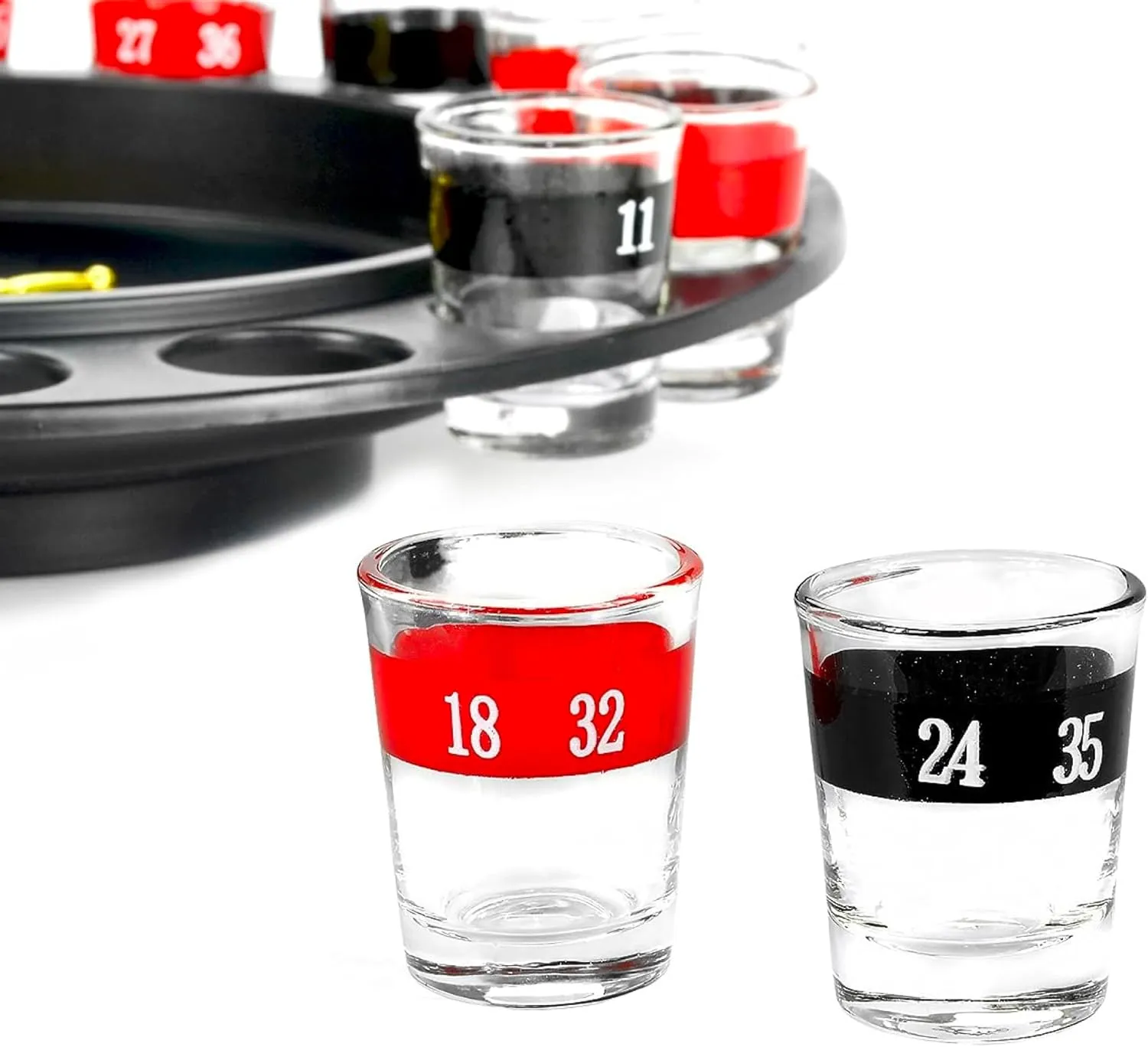 Shot Glass Roulette Drinking Game  16-Piece Red/Black Set with 2 Metal Balls, Fun Adult Party Game for White Elephant, Game Nights, and Gifts