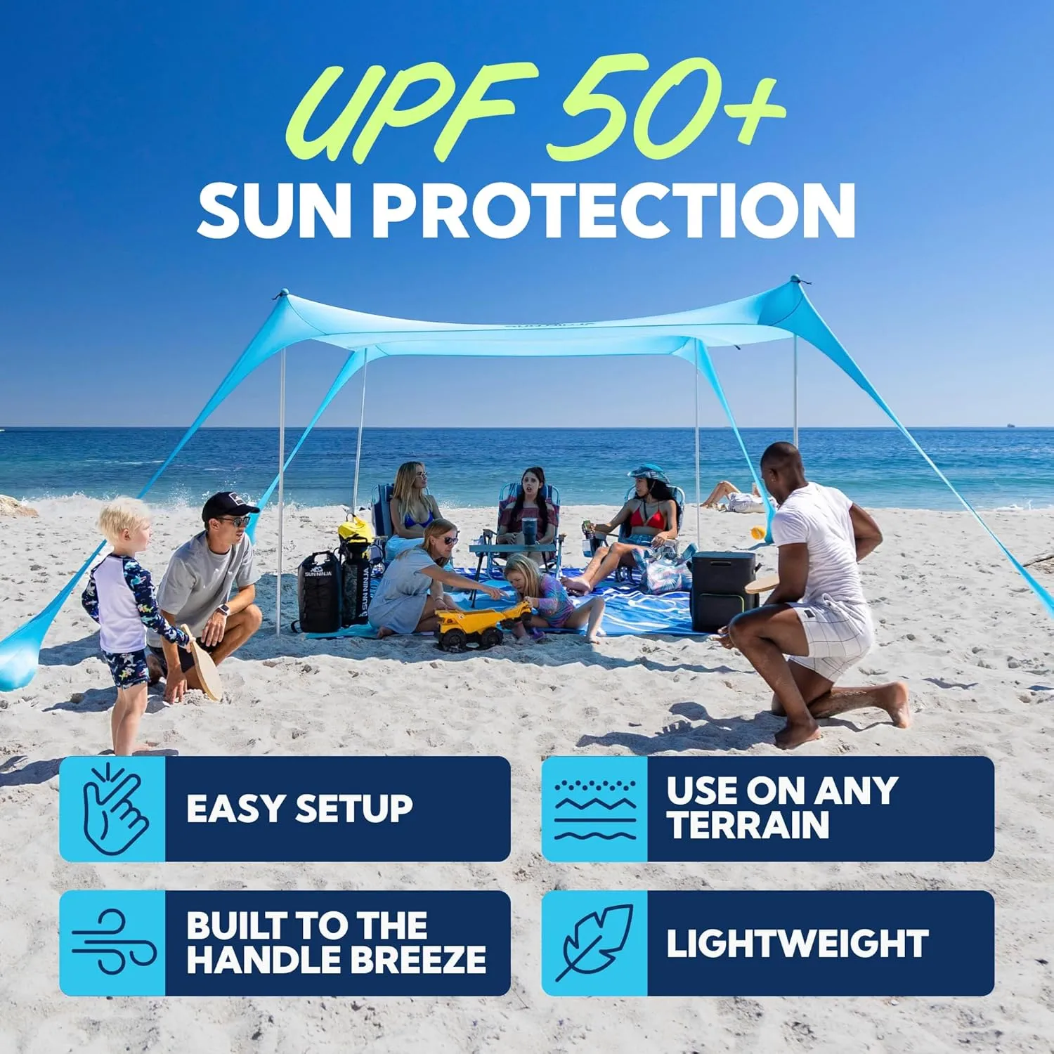 SUN NINJA Beach Tent Sun Shelter, UPF50  Protection, Easy Pop Up Beach Shade Canopy for Camping, Fishing, Backyard Fun, Lightweight & Portable, Fits Up to 8 People, 10x10 FT 4 Pole