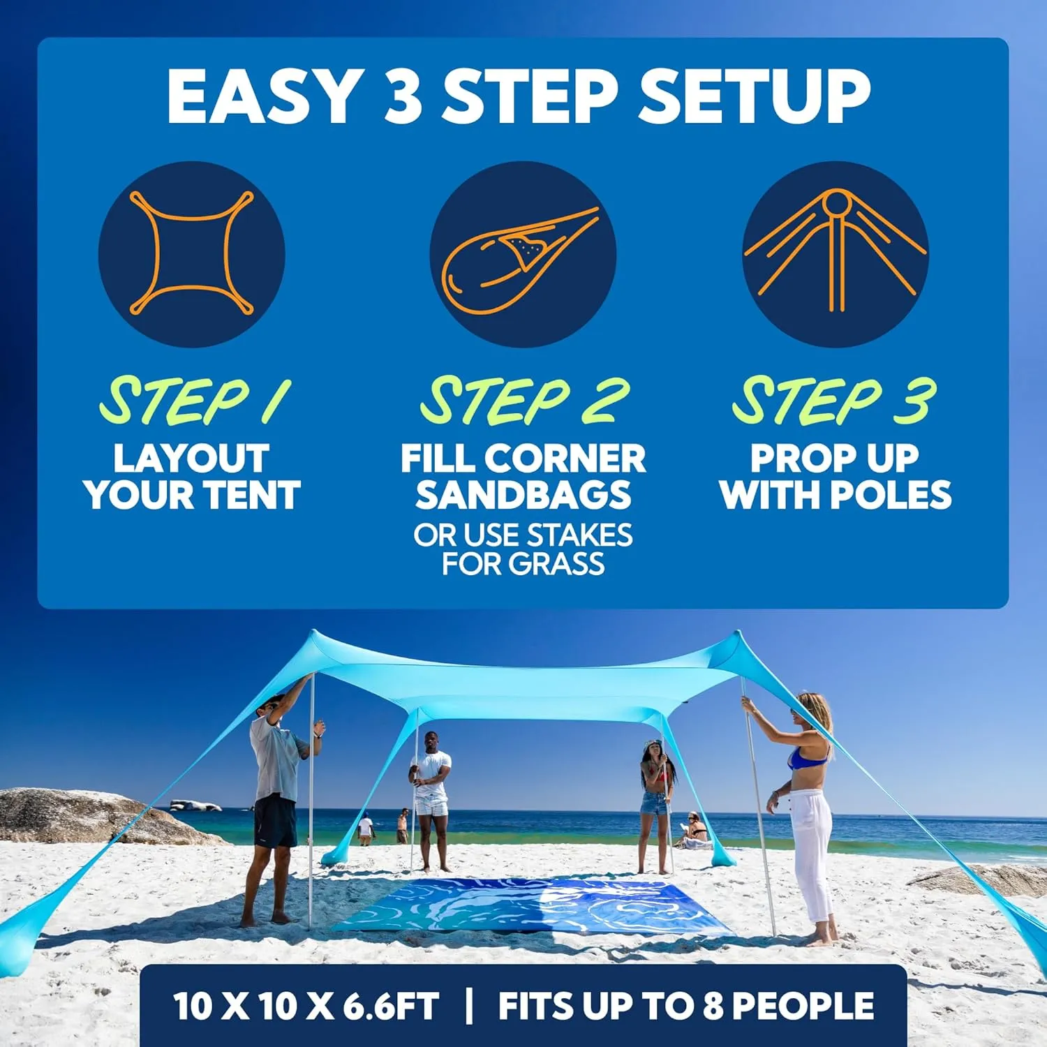 SUN NINJA Beach Tent Sun Shelter, UPF50  Protection, Easy Pop Up Beach Shade Canopy for Camping, Fishing, Backyard Fun, Lightweight & Portable, Fits Up to 8 People, 10x10 FT 4 Pole