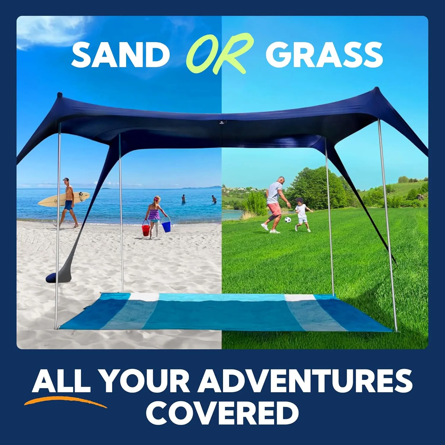 SUN NINJA Beach Tent Sun Shelter, UPF50  Protection, Easy Pop Up Beach Shade Canopy for Camping, Fishing, Backyard Fun, Lightweight & Portable, Fits Up to 8 People, 10x10 FT 4 Pole