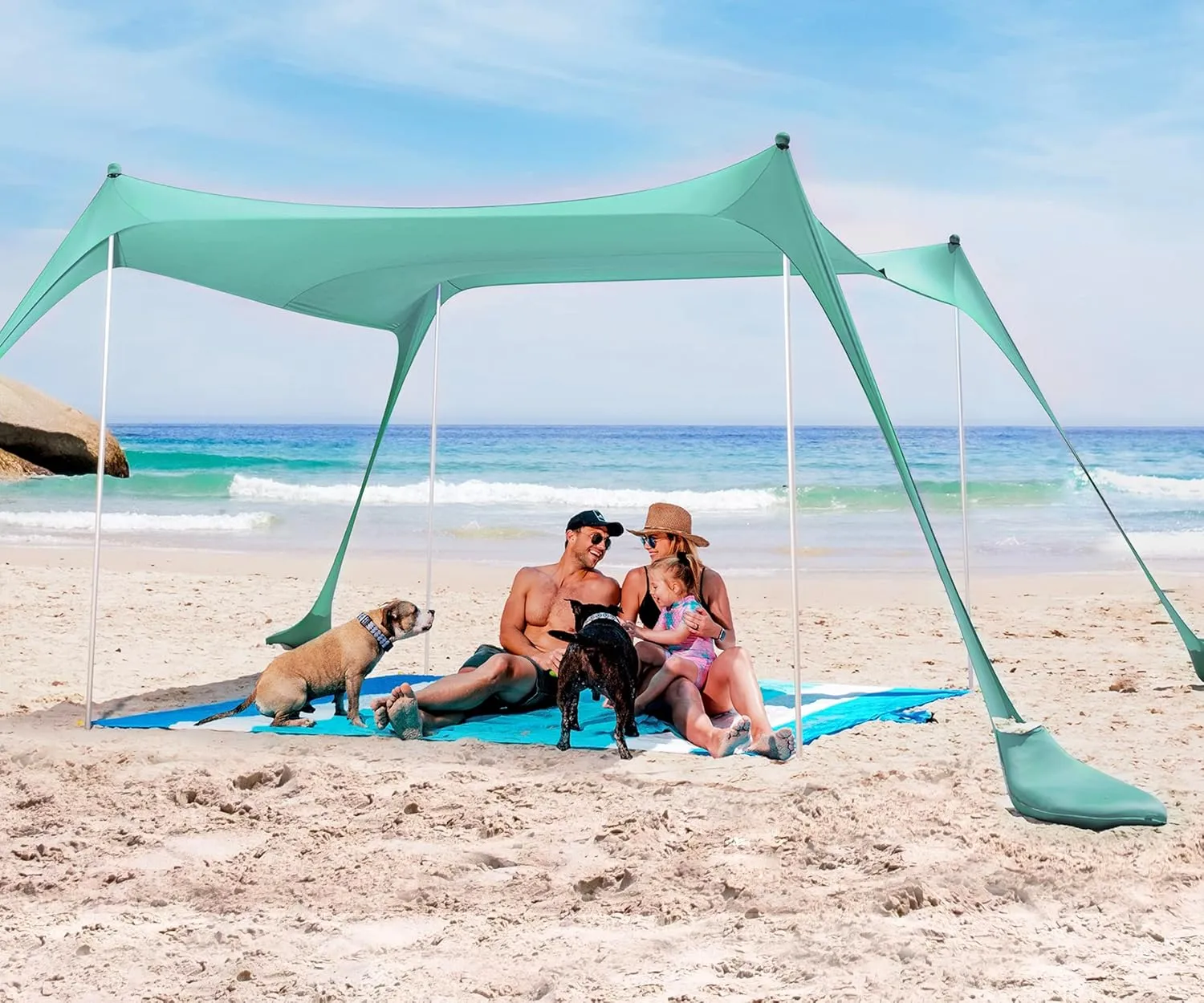 SUN NINJA Beach Tent Sun Shelter, UPF50  Protection, Easy Pop Up Beach Shade Canopy for Camping, Fishing, Backyard Fun, Lightweight & Portable, Fits Up to 8 People, 10x10 FT 4 Pole
