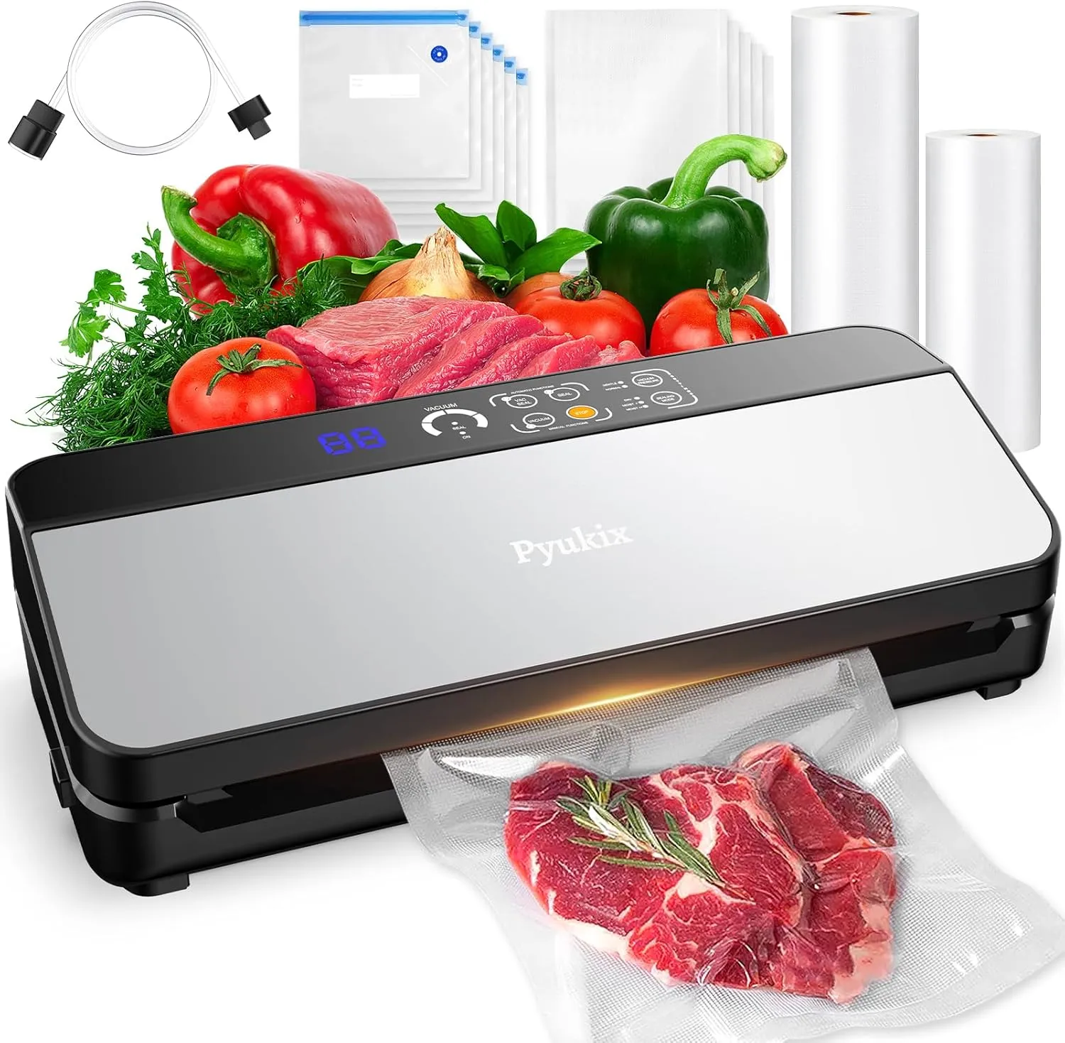 Vacuum Sealer Machine, Food Sealer Machine 80KPA Automatic 8-IN-1 for Food Saving Dry/Moist Mode with Build-in Cutter&Storage, Digital Countdown, Air Suction Hose, 2 Roll-Bags, 11 Vacuum Bags
